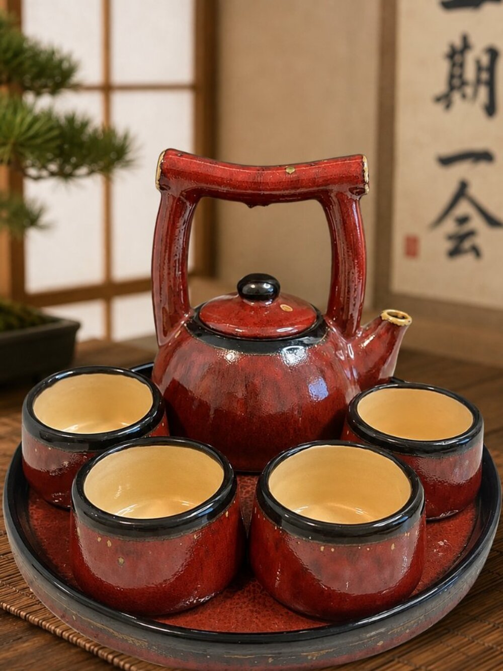 7 Pc PIER ONE Shanghai Earthenware Tea Set | Rustic Red w Black Trim, Distressed